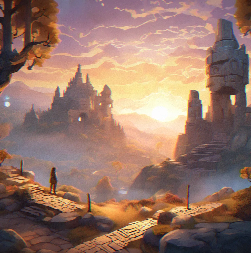 Interconnected exploration space with symbolic elements and layered environmental storytelling
