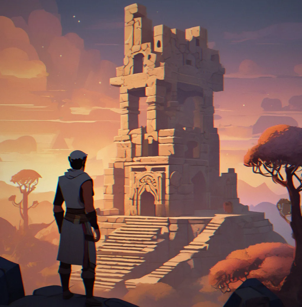 Player examining a geometric puzzle structure in a minimal stone chamber with soft overhead lighting