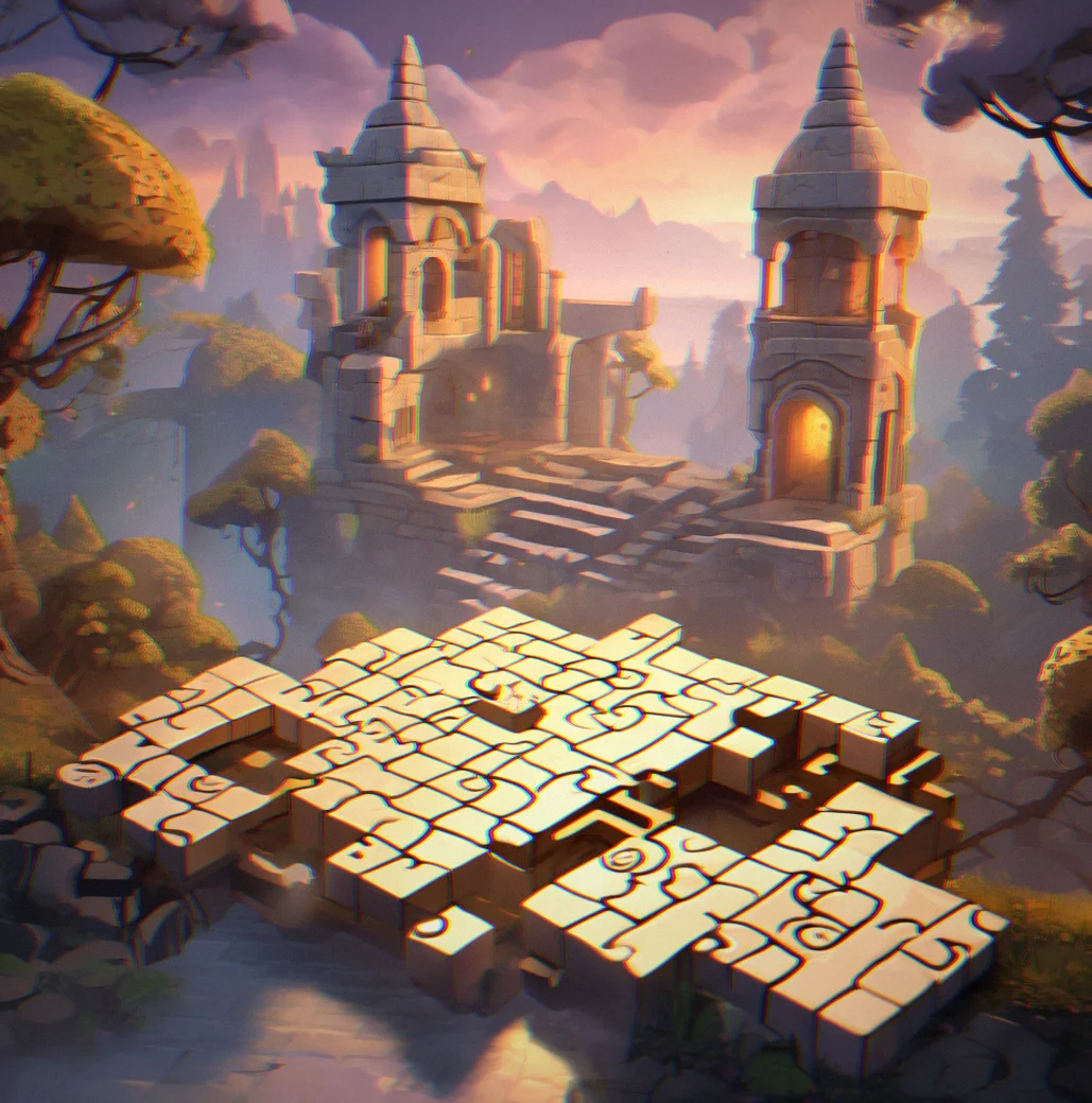 Close view of interlocking spatial elements with symbols that connect to previous puzzle mechanics